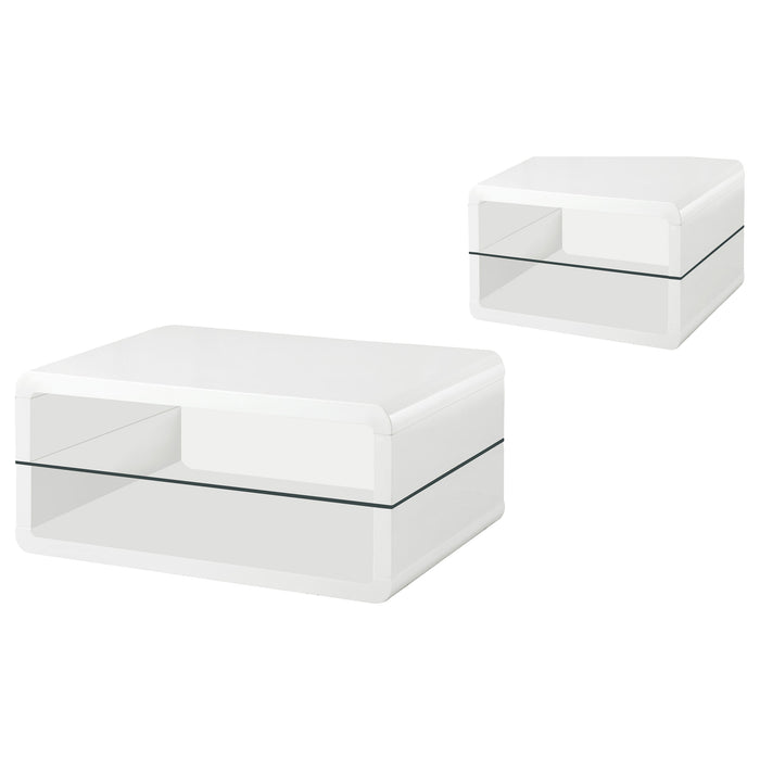White high gloss Elana 2-piece coffee and end table set by CoasterEveryday, featuring modern furniture design.