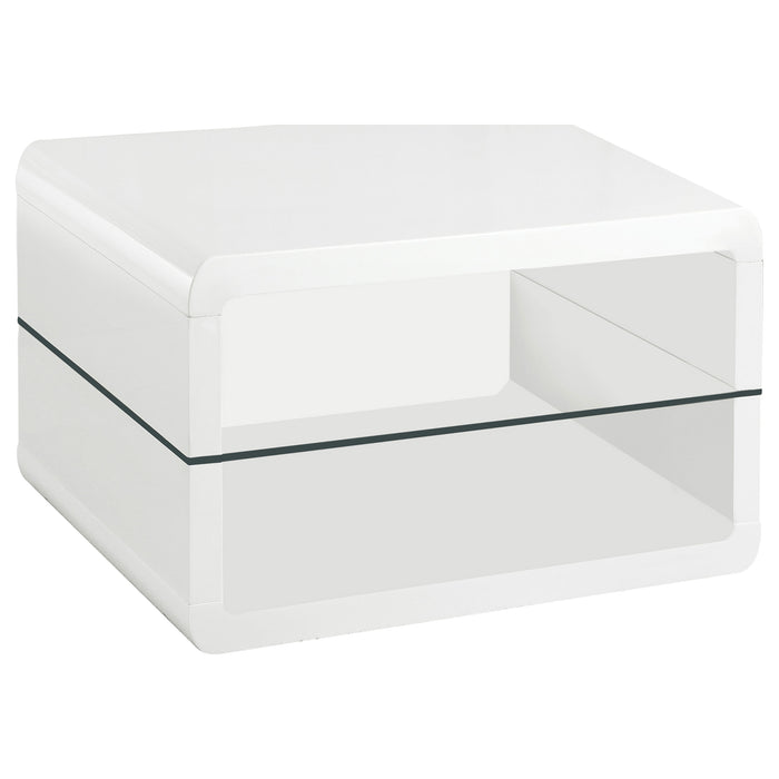 White high gloss Elana 2-piece coffee and end table set from CoasterEveryday, featuring sleek modern furniture design.