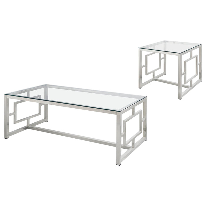 CoasterEveryday Merced 2-piece rectangular coffee and end table set with nickel finish, showcasing modern furniture design