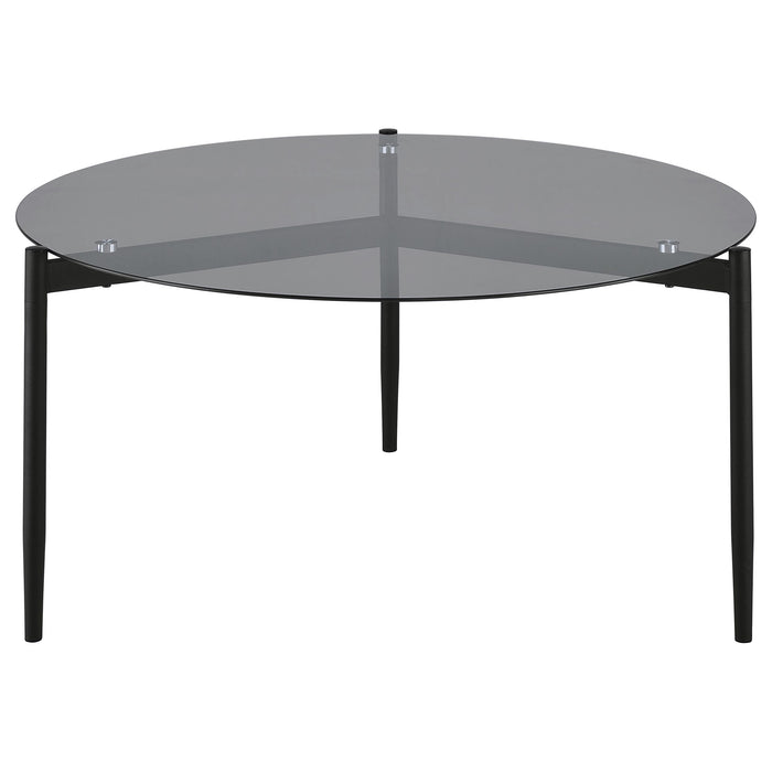 CoasterEveryday Rosalie 2-piece round coffee and end table set in grey with sleek modern design, featuring smooth tabletops and sturdy legs.