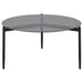 CoasterEveryday Rosalie 2-piece round coffee and end table set in grey with sleek modern design, featuring smooth tabletops and sturdy legs.