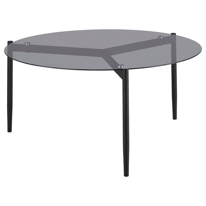 Grey Rosalie 2-piece round coffee and end table set by CoasterEveryday, featuring modern furniture design and sleek round tabletops.