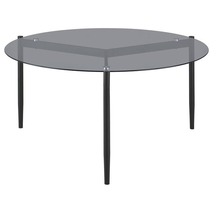 CoasterEveryday Rosalie 2-piece round coffee and end table set in grey, featuring modern furniture design with smooth surfaces.