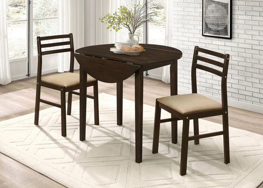 CoasterEveryday Bucknell 3-piece round drop leaf dining table set in cappuccino with wooden chairs and matching table.