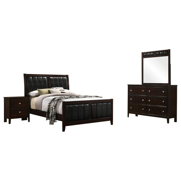 CoasterEveryday Carlton 4-piece full bedroom furniture set in cappuccino finish, includes bed frame, dresser, mirror, and nightstands.