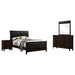 CoasterEveryday Carlton 4-piece full bedroom furniture set in cappuccino finish, includes bed frame, dresser, mirror, and nightstands.