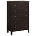 CoasterEveryday Carlton 5-drawer bedroom chest in cappuccino finish, showcasing sleek wood furniture with silver handles.