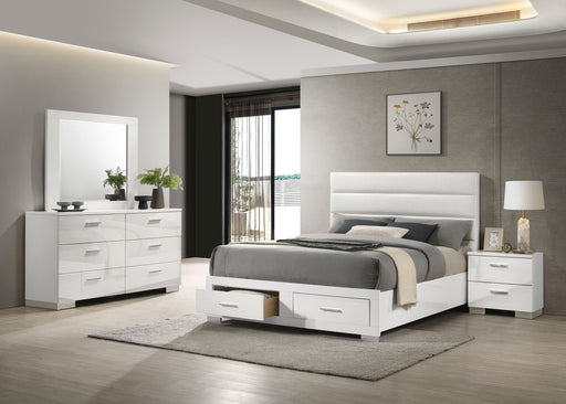 White Felicity 4-piece Queen platform bedroom set by CoasterEveryday, includes bed frame, headboard, and matching furniture pieces.