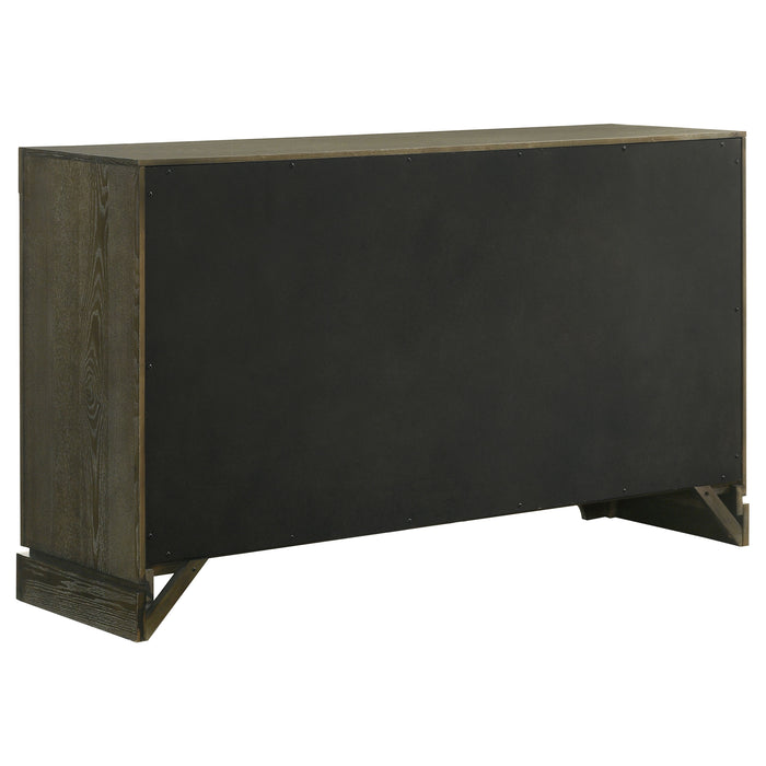 Eastern King bedroom furniture set by CoasterEveryday, includes dark cocoa-colored bed frame, dressers, and side tables.