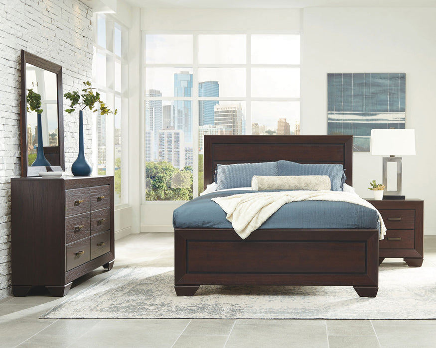 CoasterEveryday Kauffman 4-piece California King bedroom set with dark cocoa finish, including bed frame and matching furniture pieces.