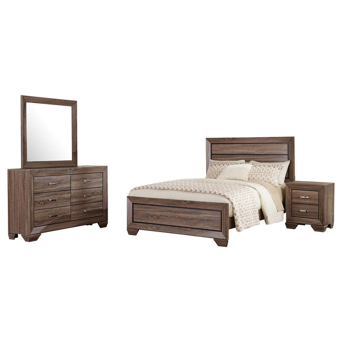 CoasterEveryday Kauffman 4-piece California King bedroom furniture set in washed taupe, includes bed frame, nightstands, and dresser