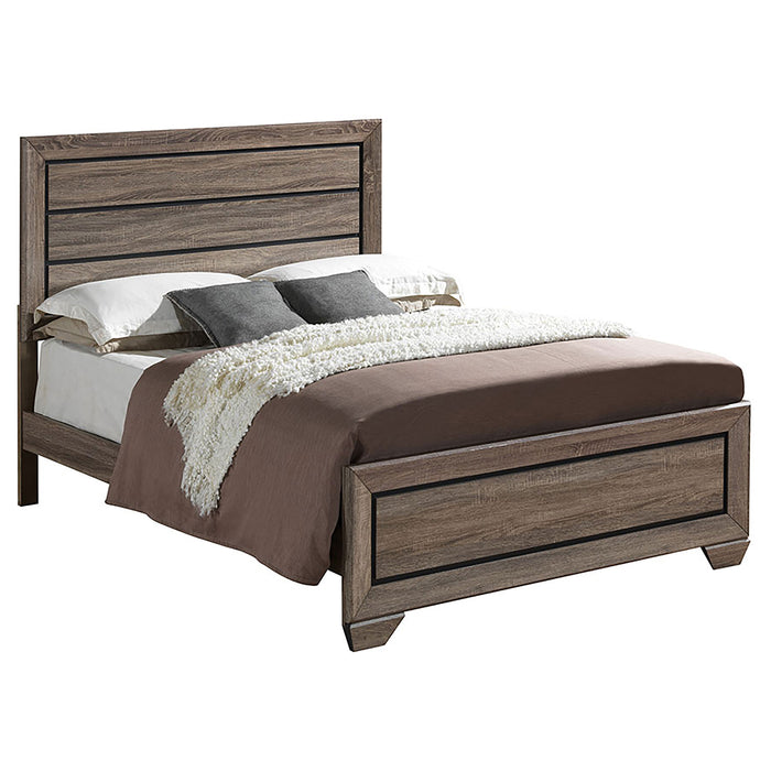CoasterEveryday Kauffman 4-piece California King bedroom set in washed taupe, includes bed frame, dresser, nightstands, and mirror.