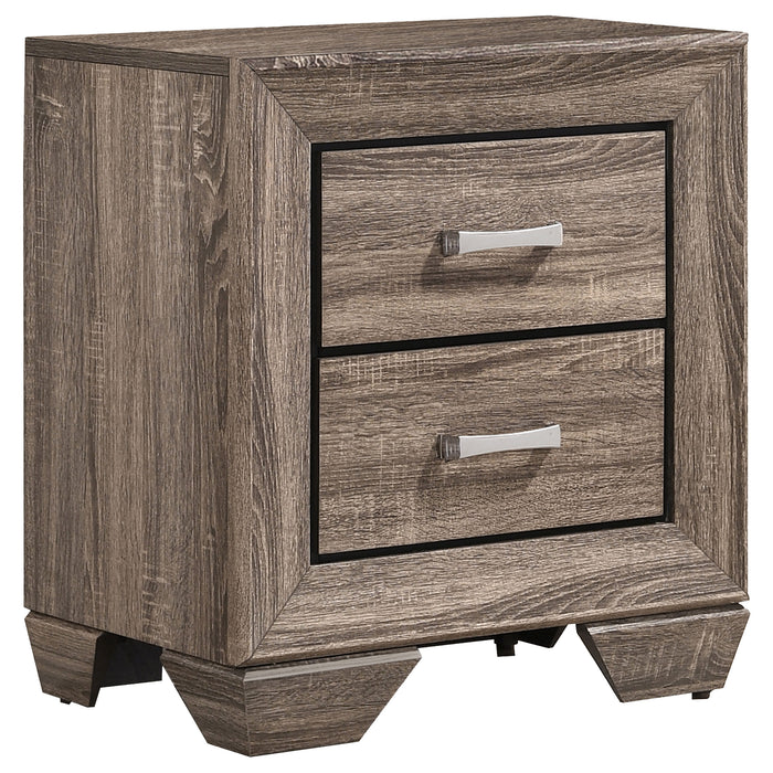 CoasterEveryday Kauffman 4-piece California King bedroom set in washed taupe with bed frame, nightstands, and dresser visible.