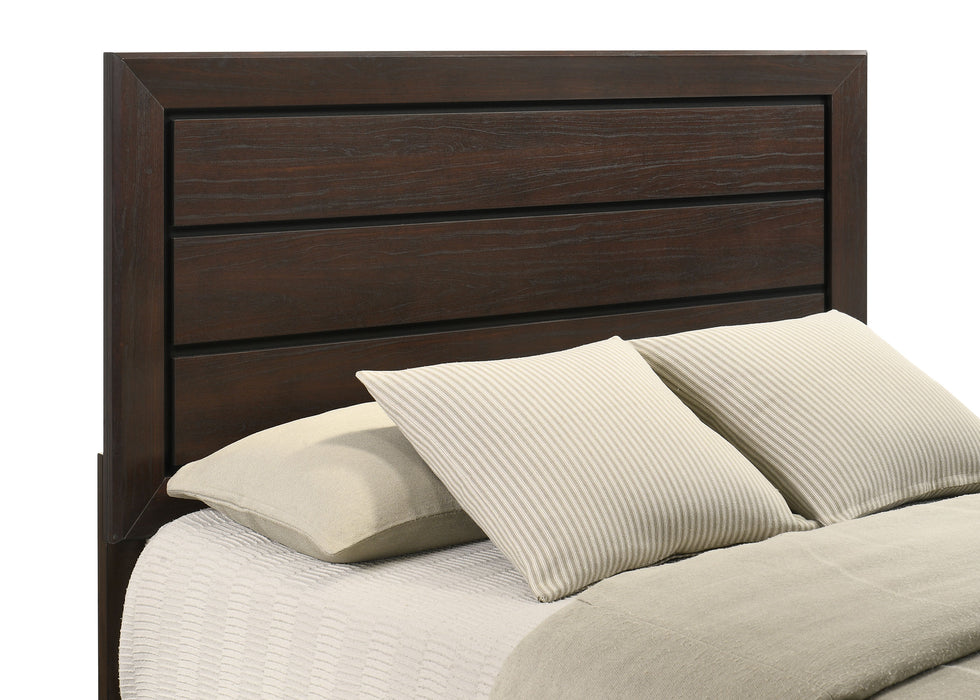 Dark cocoa Kauffman 4-piece Eastern King bedroom furniture set by CoasterEveryday, including bed frame, nightstands, and dresser.