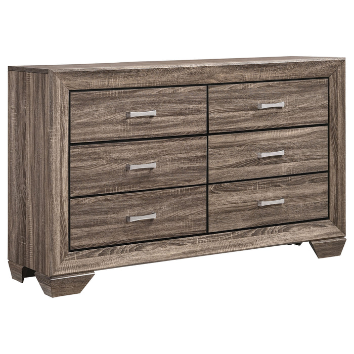 Kauffman 4-piece Eastern King bedroom set in washed taupe with bed frame, nightstands, and dresser from CoasterEveryday.