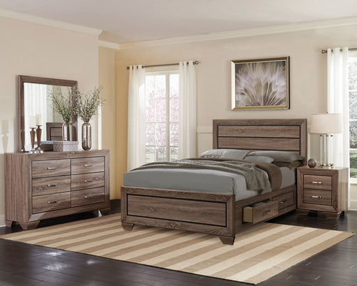 CoasterEveryday Kauffman 4-piece queen bedroom furniture set in washed taupe with a modern design and matching storage options.