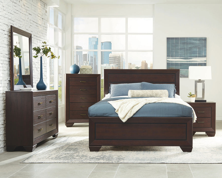 Dark cocoa Kauffman 5-piece California King bedroom furniture set by CoasterEveryday, includes bed frame, nightstands, and dresser.