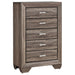CoasterEveryday Kauffman 5-piece California King bedroom set in washed taupe with bed frame, nightstands, and dresser furniture.