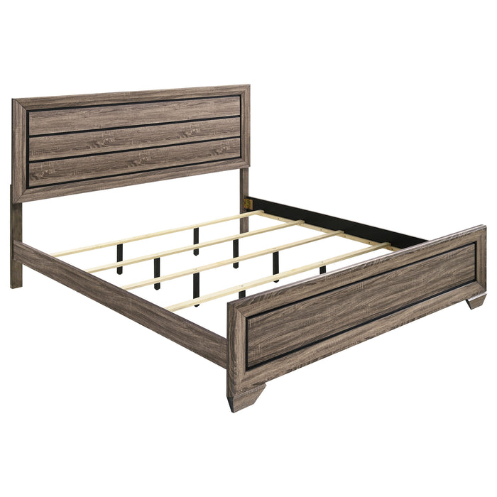 Kauffman Wood Eastern King Panel Bed in washed taupe finish, showcasing its elegant wooden design and paneled headboard.