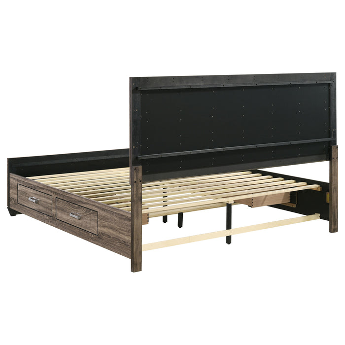 Eastern King storage panel bed by CoasterEveryday in washed taupe wood with built-in storage drawers and a modern furniture design.