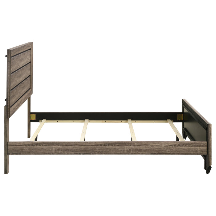 Kauffman Wood Queen Panel Bed in washed taupe finish, showcasing the elegant furniture design with a classic headboard and frame.