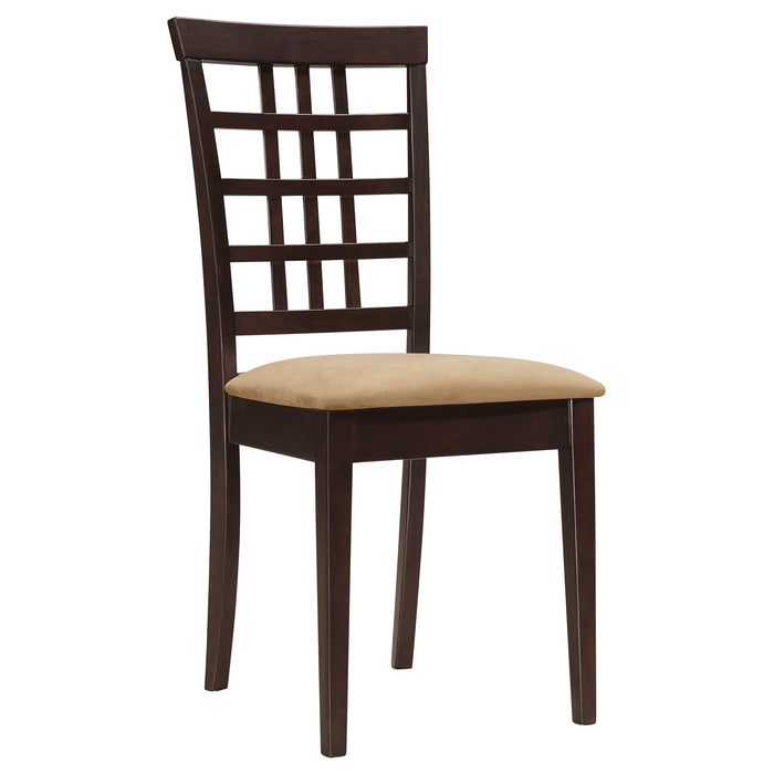 CoasterEveryday Kelso 3-piece drop leaf dining table set with cappuccino and tan finish, featuring a wood table and matching chairs.