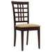 CoasterEveryday Kelso 3-piece drop leaf dining table set with cappuccino and tan finish, featuring a wood table and matching chairs.