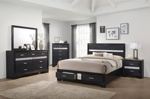Black Eastern King bedroom set with five-piece furniture by CoasterEveryday, including a bed frame, nightstands, and dresser.