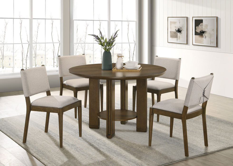 Pair of CoasterEveryday Ottowa upholstered dining side chairs in brown with cushioned seats and wooden legs.