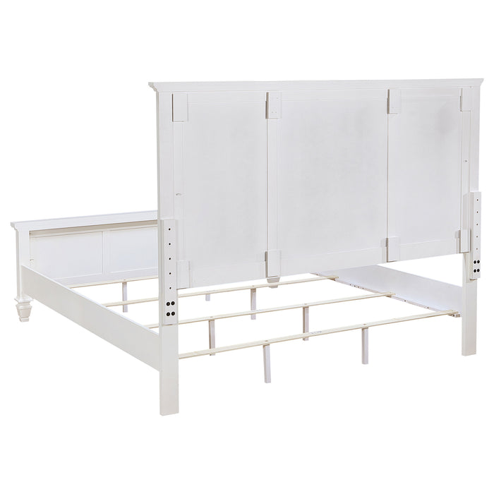 Cream white Sandy Beach 5-piece Eastern King bedroom furniture set by CoasterEveryday, featuring a bed, nightstands, and dresser.