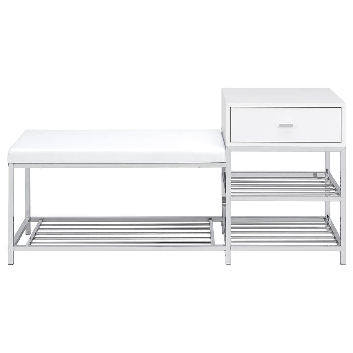 Siega 1-Drawer Shoe Storage Entryway Bench White High Gloss and Chrome