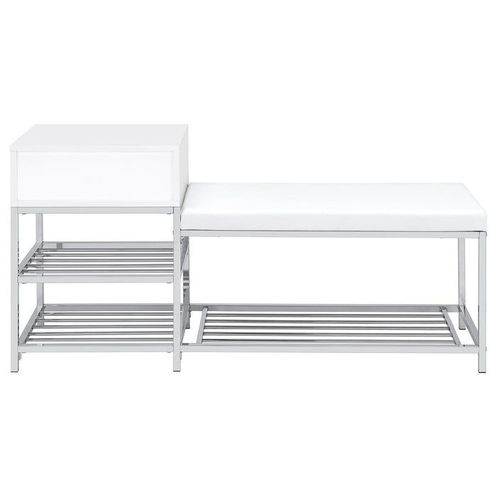 Siega 1-Drawer Shoe Storage Entryway Bench White High Gloss and Chrome
