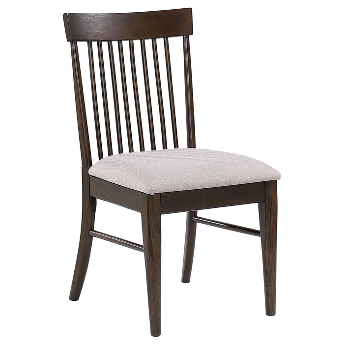 Pair of CoasterEveryday Everton wood dining side chairs in dark walnut finish, showcasing their sleek, modern design and sturdy construction.