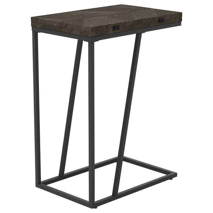 Grey Carly expandable engineered wood C-shaped side table with open shelf and modern design for living room use.
