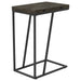 Grey Carly expandable engineered wood C-shaped side table with open shelf and modern design for living room use.