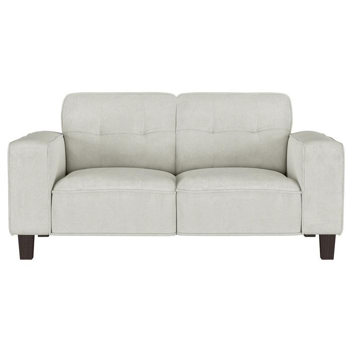 Deerhurst 3-piece upholstered track arm sofa set in greige fabric with plush cushions and wooden legs, modern furniture by CoasterEveryday.