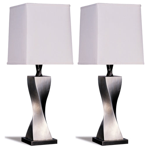 Two silver Keene 30-inch tapered shade table lamps with brushed metal bases, ideal for modern living room or bedside decor.