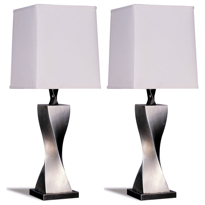 Two silver Keene 30-inch tapered shade table lamps with brushed metal bases, ideal for modern living room or bedside decor.