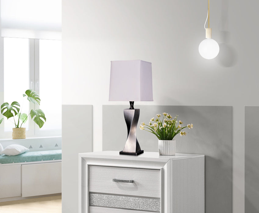 Set of two silver Keene 30-inch tapered shade table lamps with metal bases, ideal for modern home decor.