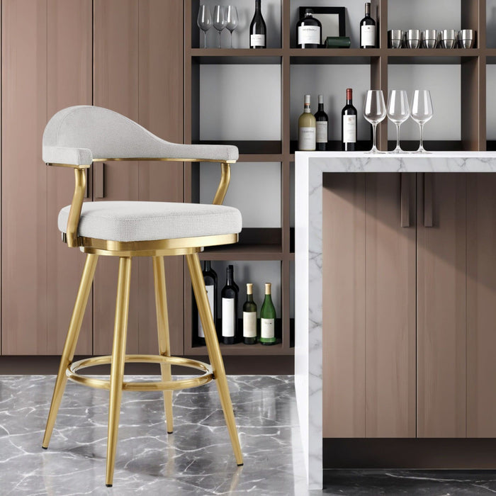 30" Fabric And Stainless Steel Low Back Height Swivel Bar Chair - Silver And Gold