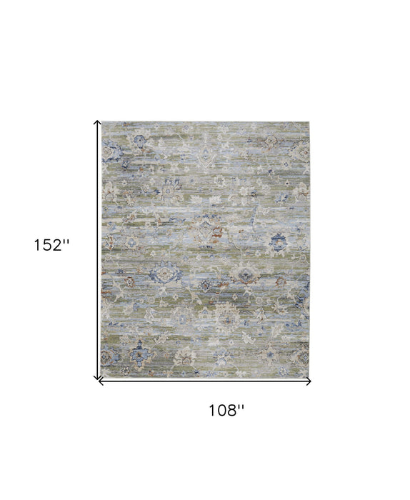 9' x 13' Floral Power Loom Worn Faded Area Rug - Ivory Green And Blue