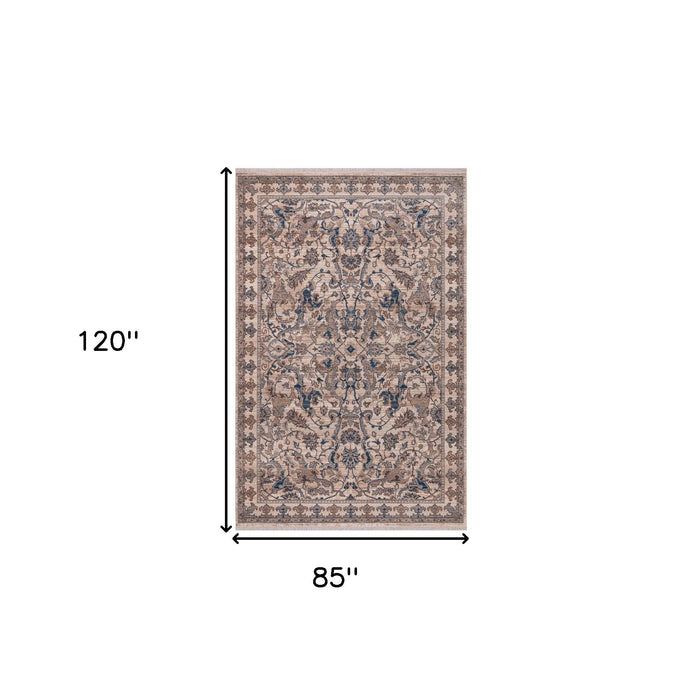 7' X 10' Oriental Area Rug With Fringe - Tan And Blue
