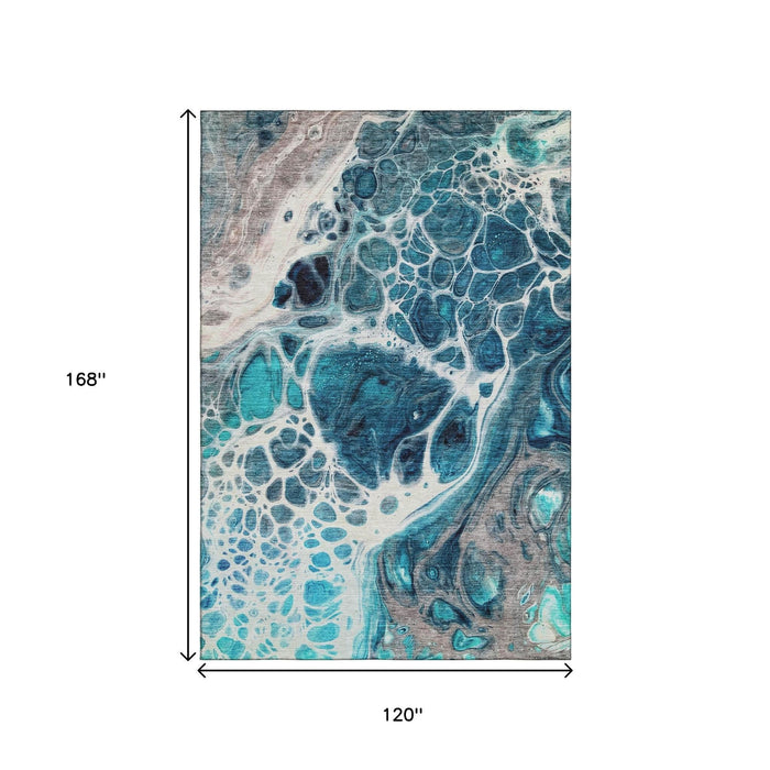 10' X 14' Abstract Washable Area Rug With UV Protection (656070) - Teal / Ivory / Gray