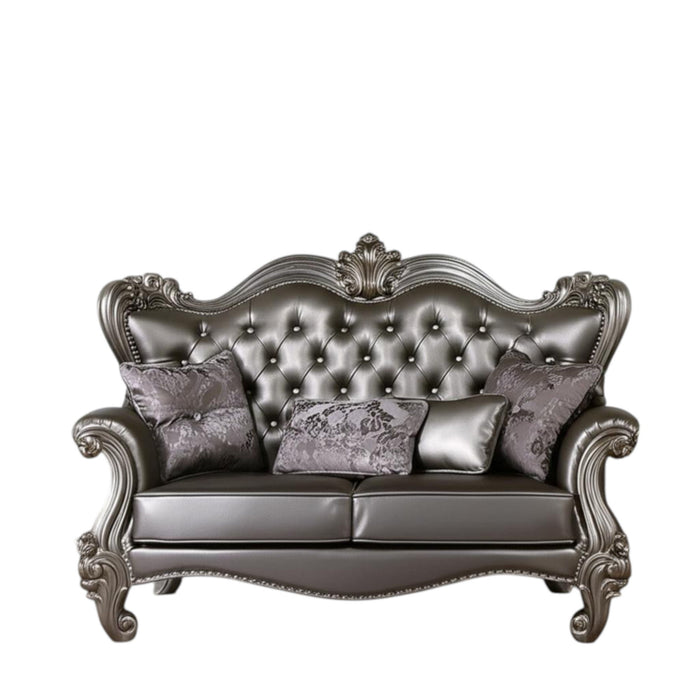 Faux Leather Loveseat And Toss Pillows - Silver / Platinum