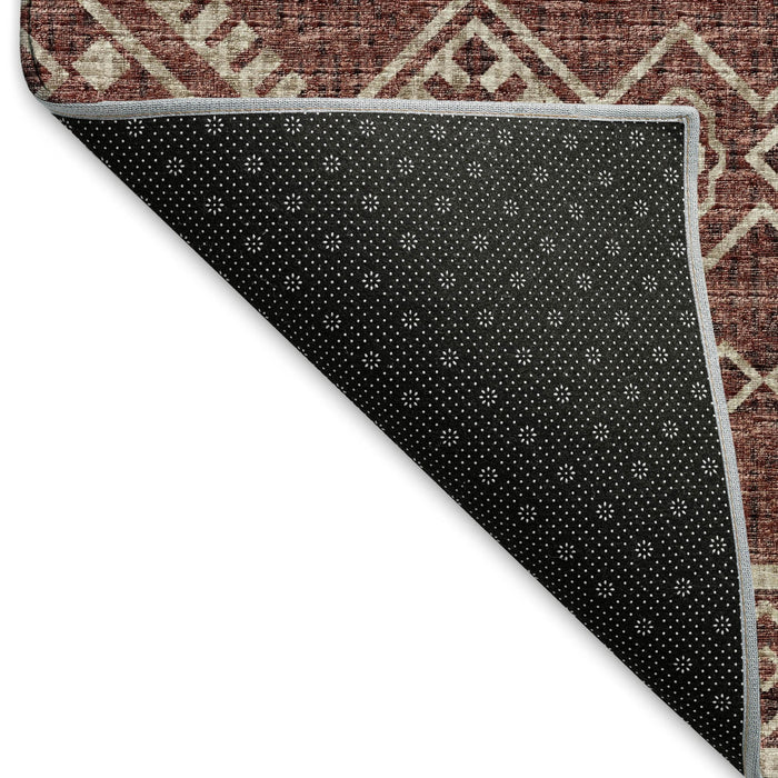 8' Tribal Washable Round Rug With UV Protection - Burnt Sienna And Ivory