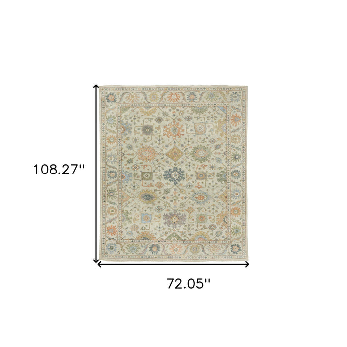 6' X 9' Wool Oriental Hand Knotted Area Rug With Fringe - Beige And Green