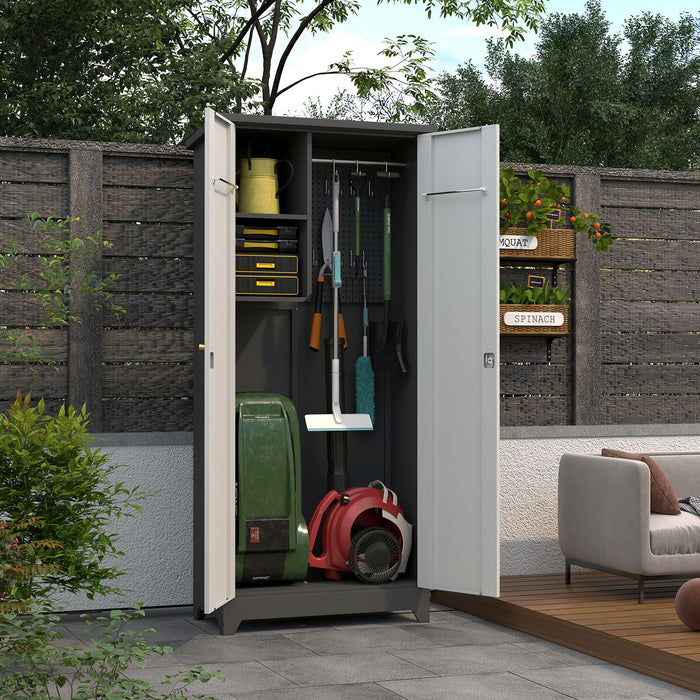 Large Giga outdoor storage cabinet with vertical design, shelves, and secure lock for outdoor organization.