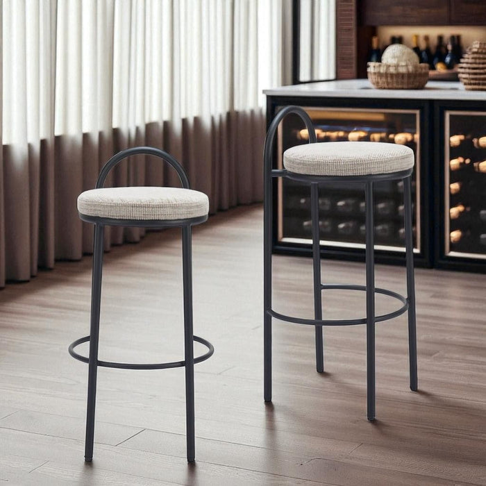 30" Chenille And Steel Low Back Bar Height Bar Chairs (Set of 2) - Beige / Black