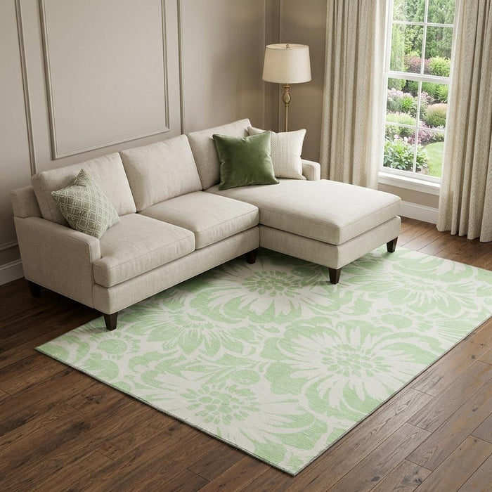 10' X 14' Floral Washable Area Rug With UV Protection (648664) - Mint Green / Ivory