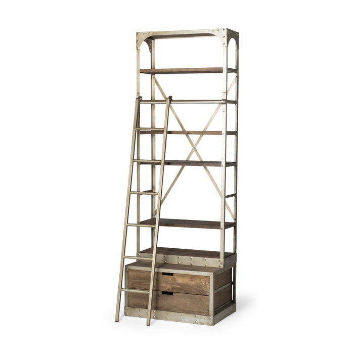 Six Tier Library Bookcase With Two Drawers - Light Brown / Nickel